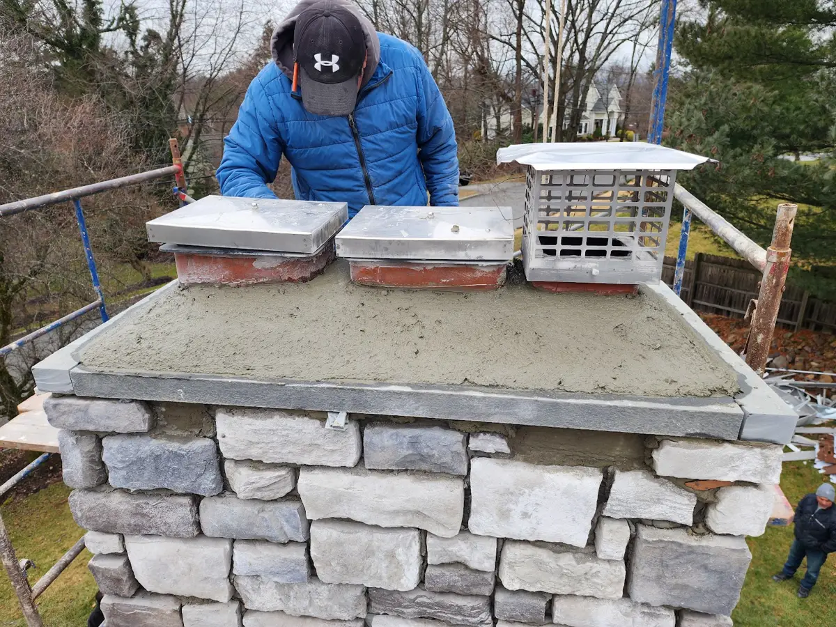 Mason working on a fresh concrete chimney crown with metal chimney caps