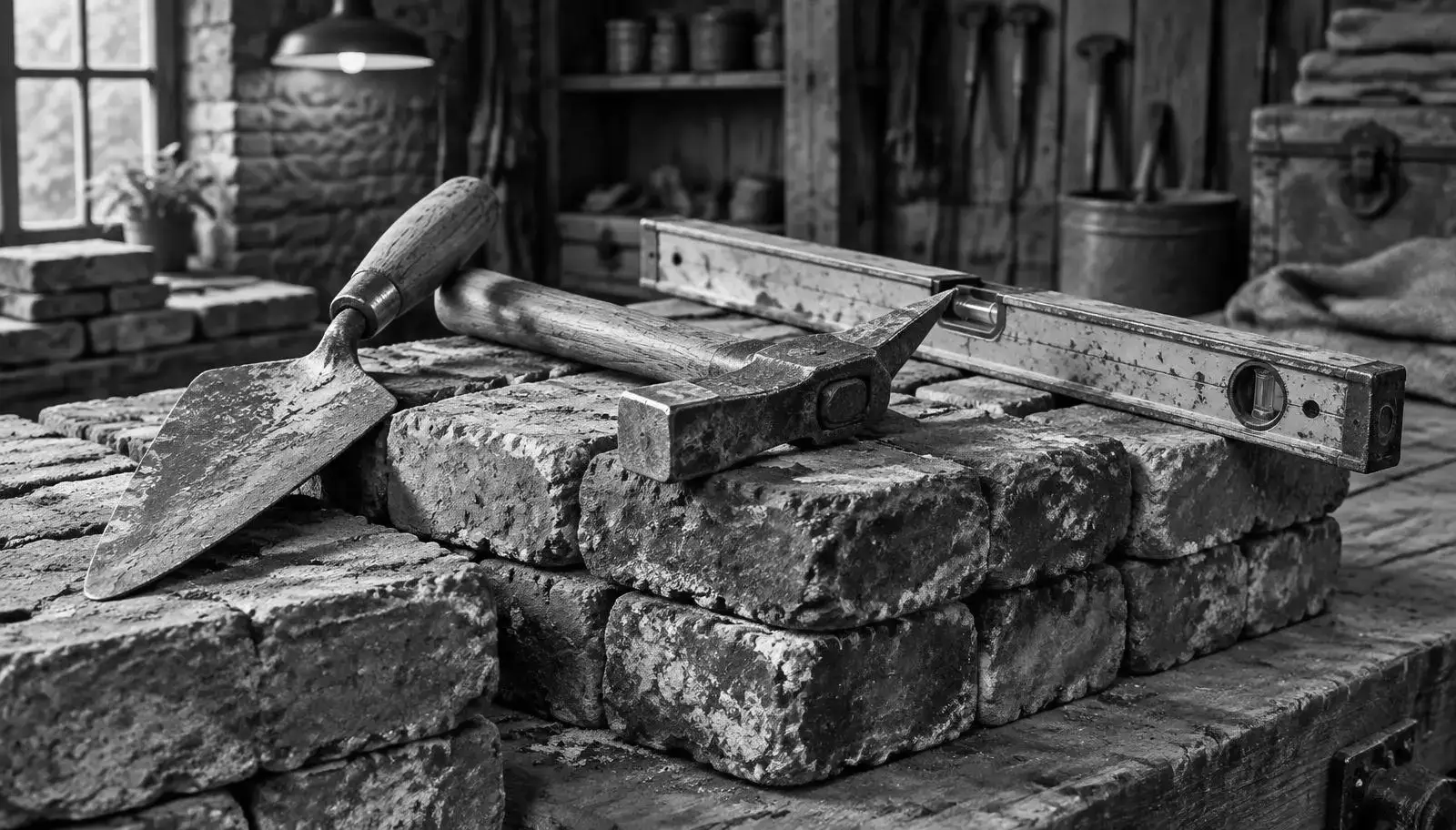 Worn trowel, brick hammer and level resting on a stack of old bricks