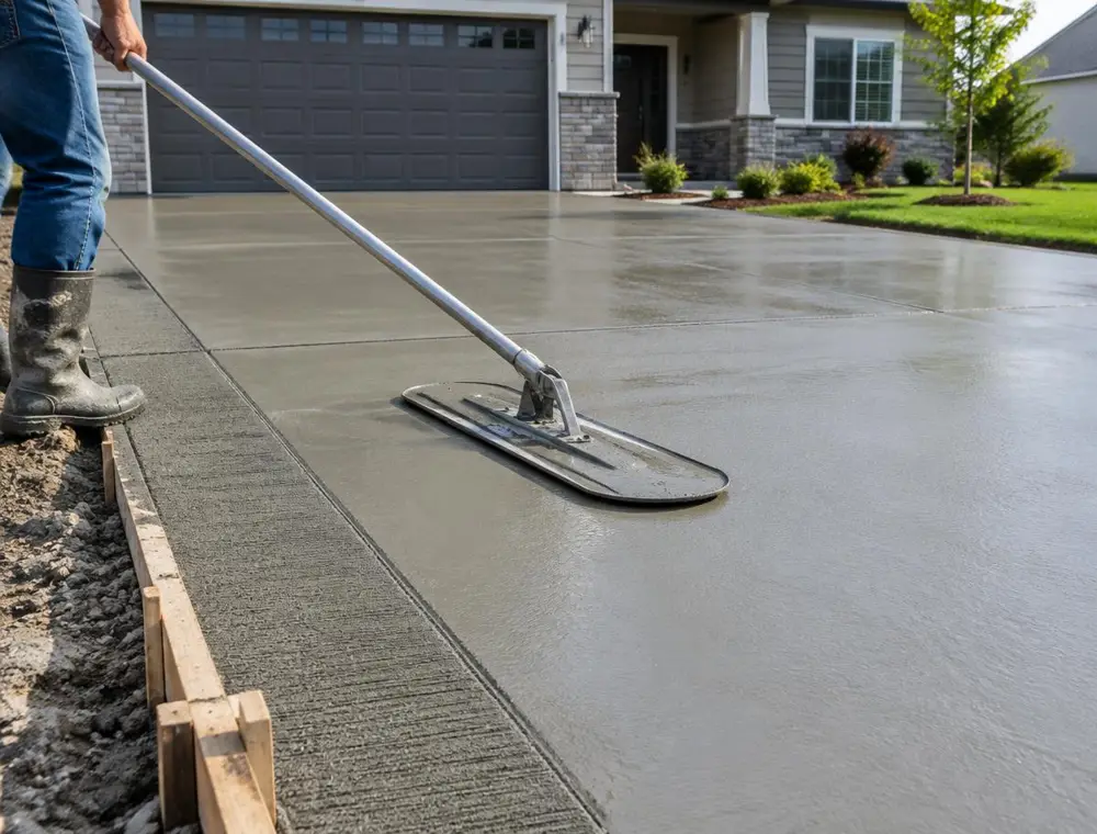 Freshly poured concrete driveway being smoothed with a bull float
