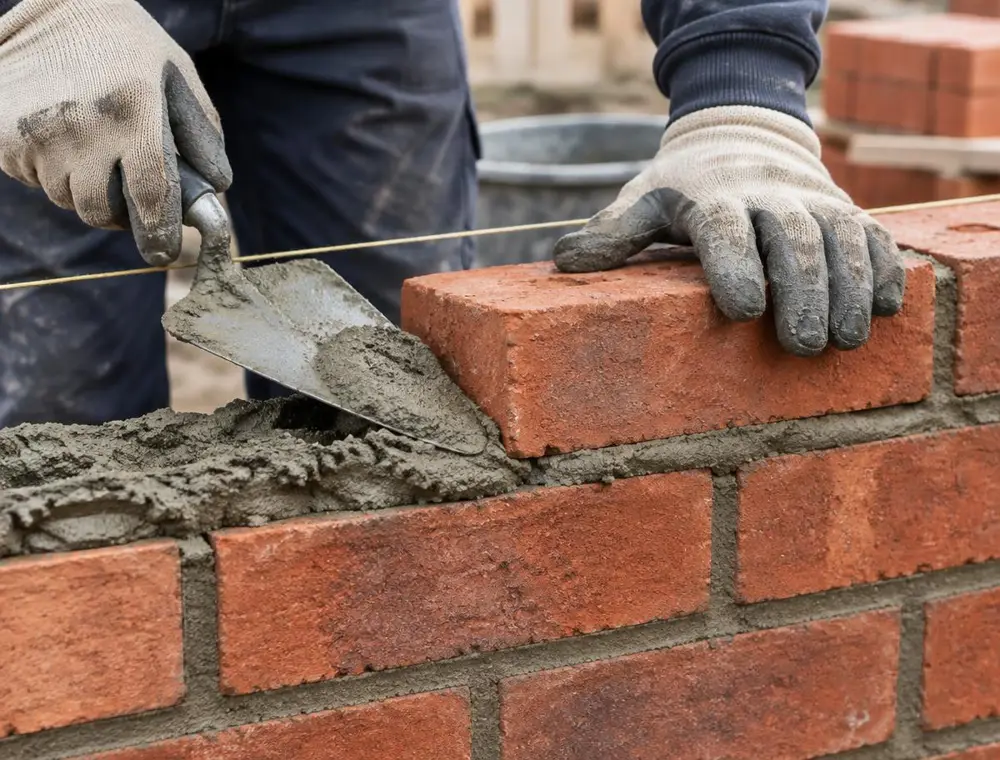 Gloved hands setting a red brick into fresh mortar with a trowel