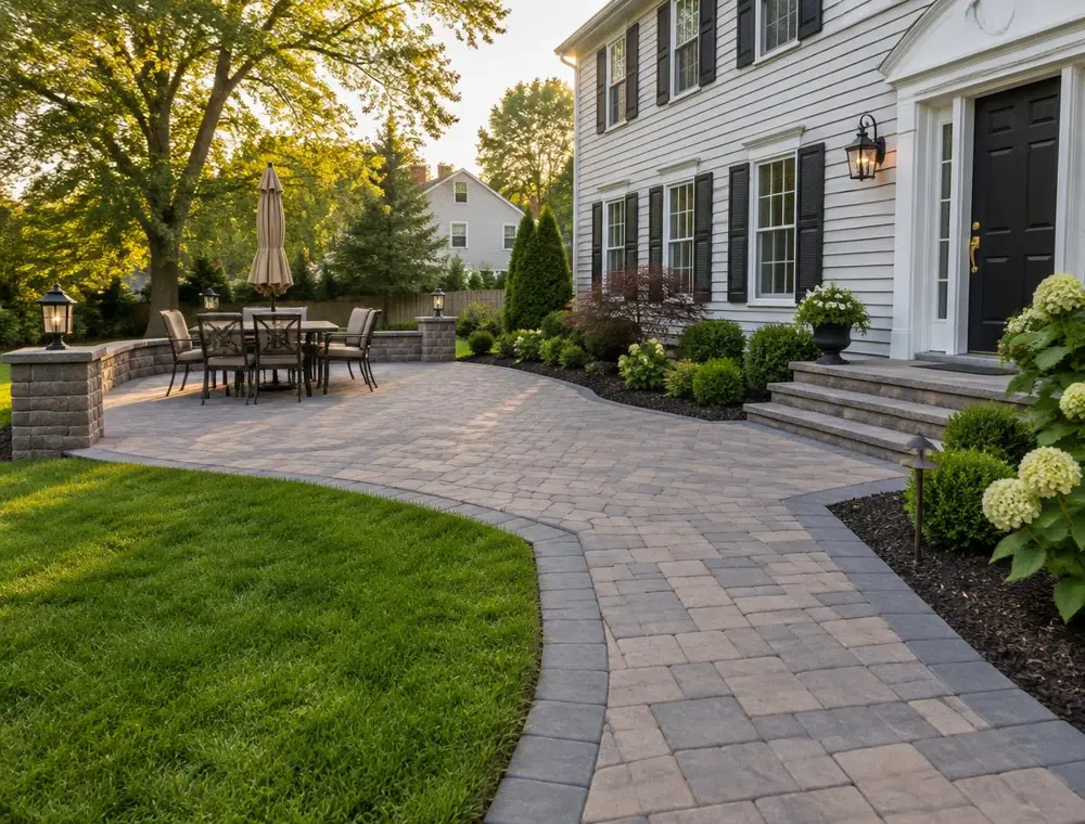 Paver patio and curved walkway beside a white colonial home