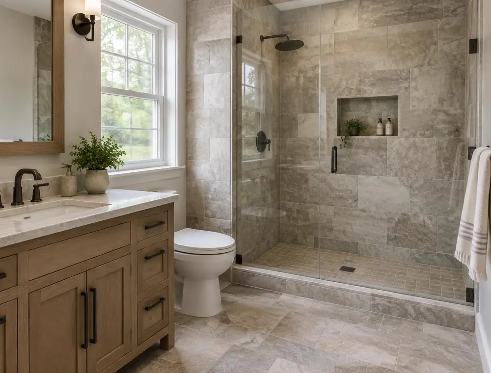 Remodeled bathroom with stone tile walls and a glass walk-in shower